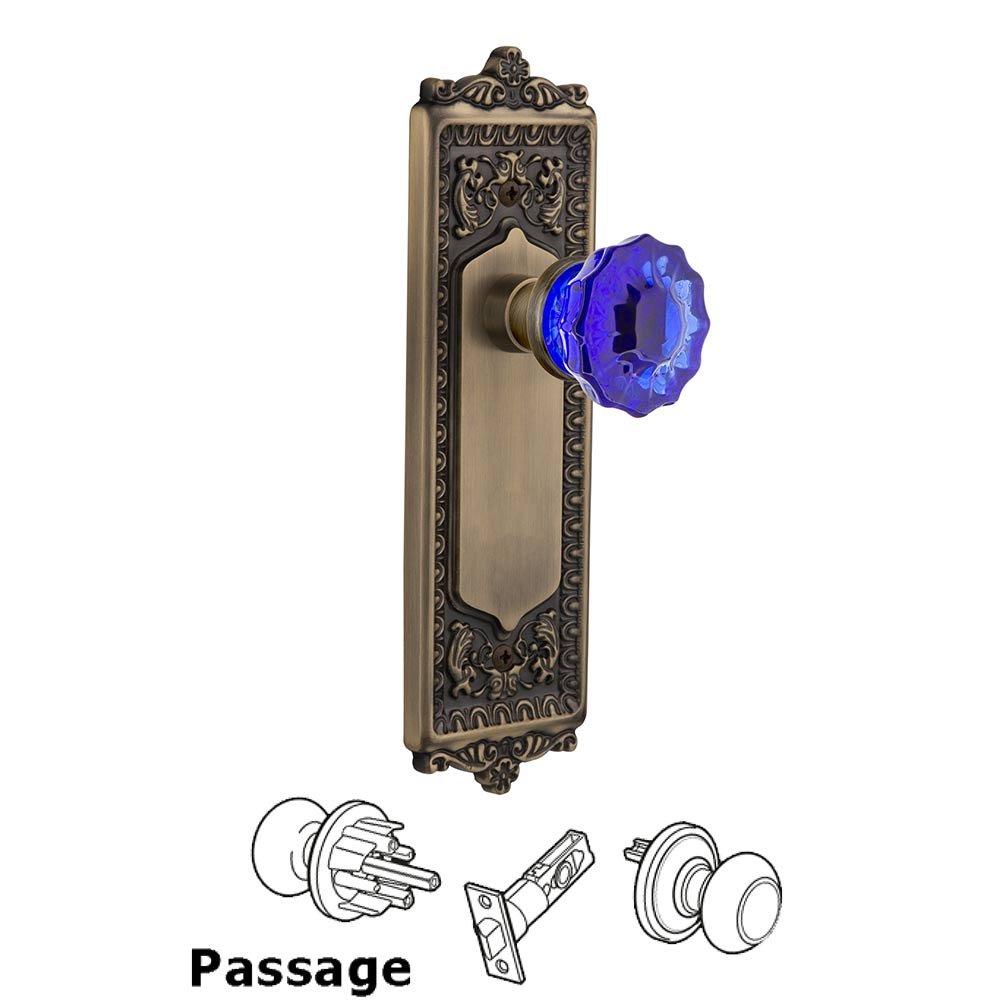 Nostalgic Warehouse Nostalgic Warehouse - Passage - Egg & Dart Plate Crystal Cobalt Glass Door Knob in Antique Brass