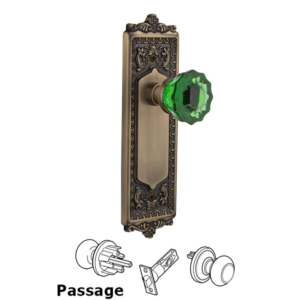 Nostalgic Warehouse Nostalgic Warehouse - Passage - Egg & Dart Plate Crystal Emerald Glass Door Knob in Antique Brass