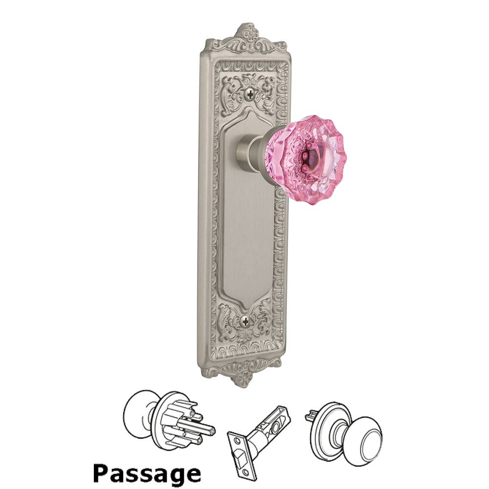 Nostalgic Warehouse Nostalgic Warehouse - Passage - Egg & Dart Plate Crystal Pink Glass Door Knob in Satin Nickel