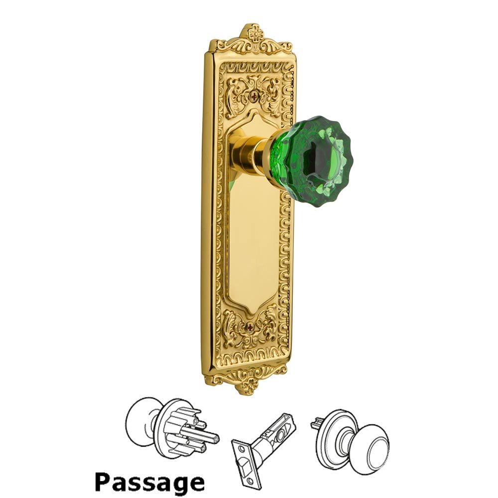 Nostalgic Warehouse Nostalgic Warehouse - Passage - Egg & Dart Plate Crystal Emerald Glass Door Knob in Unlaquered Brass