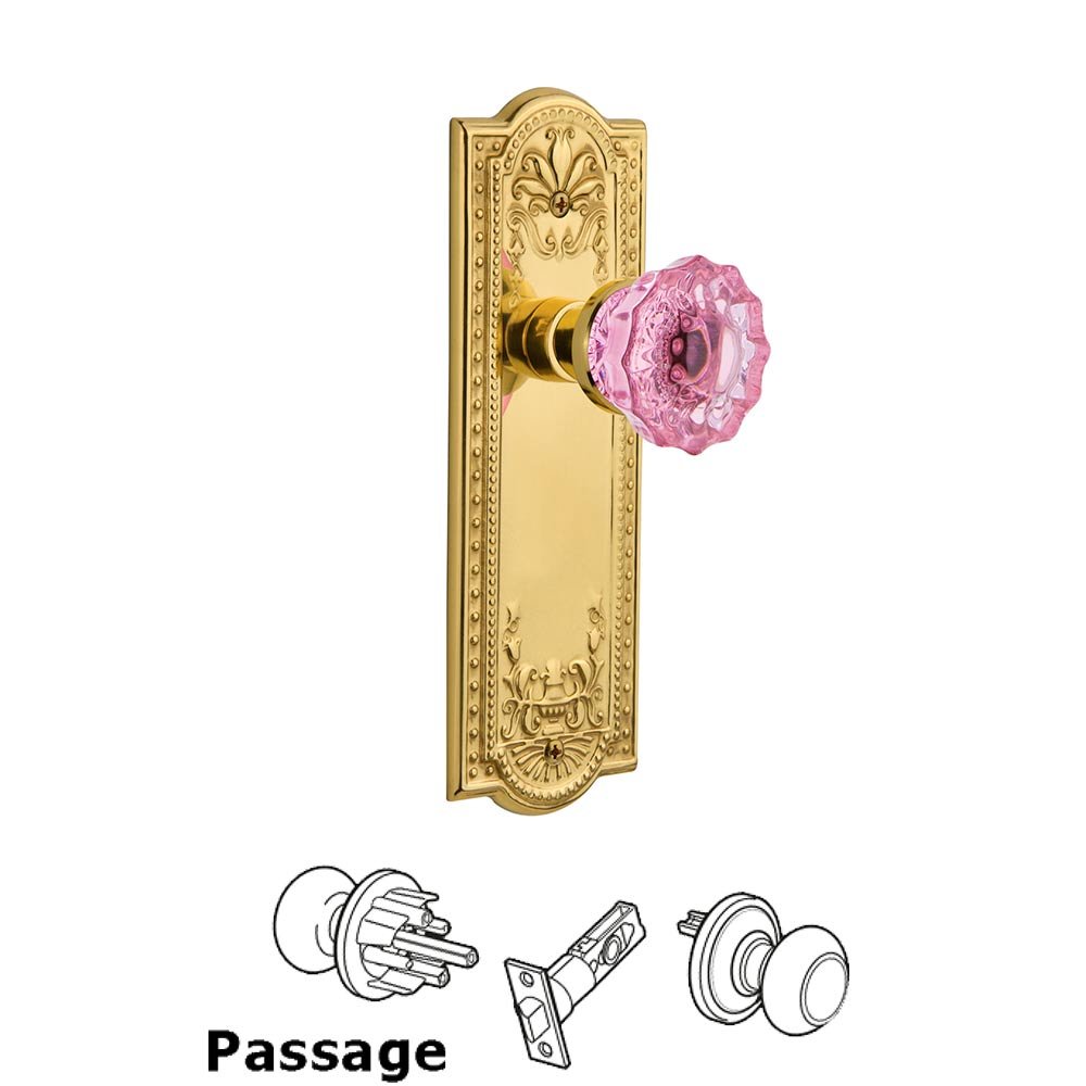 Nostalgic Warehouse Nostalgic Warehouse - Passage - Meadows Plate Crystal Pink Glass Door Knob in Polished Brass