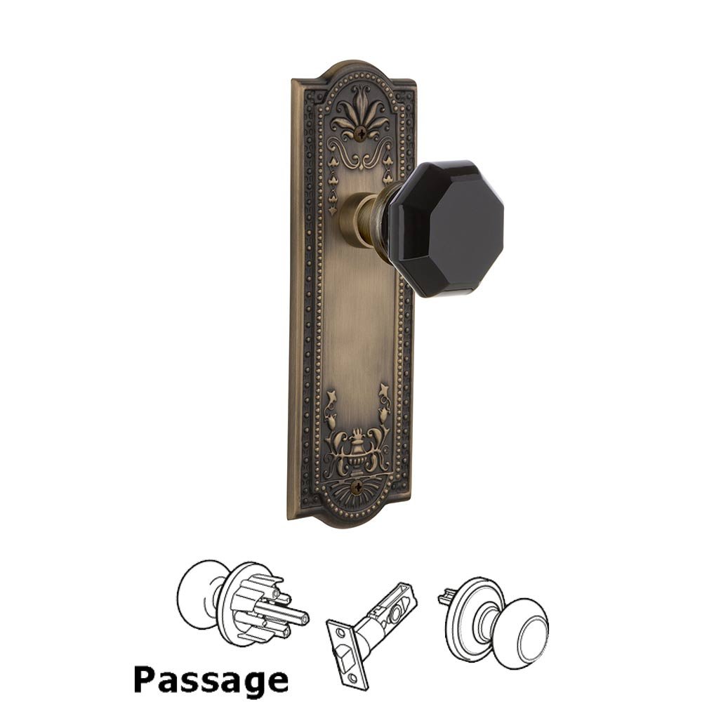 Nostalgic Warehouse Nostalgic Warehouse - Passage - Meadows Plate Waldorf Black Door Knob in Antique Brass