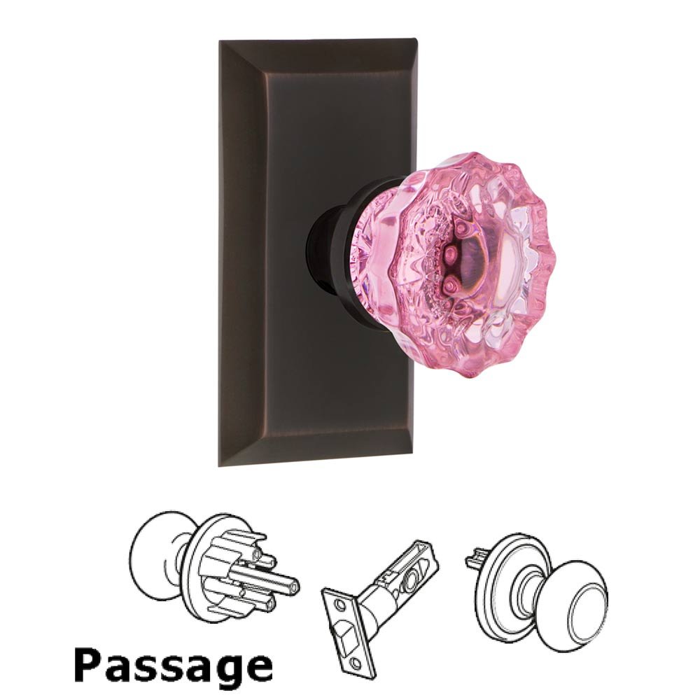 Nostalgic Warehouse Nostalgic Warehouse - Passage - Studio Plate Crystal Pink Glass Door Knob in Timeless Bronze