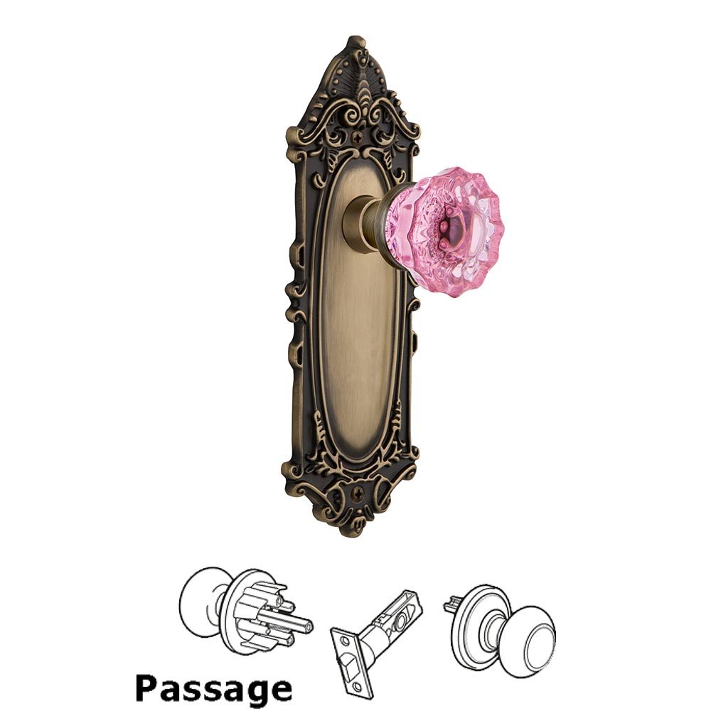 Nostalgic Warehouse Nostalgic Warehouse - Passage - Victorian Plate Crystal Pink Glass Door Knob in Antique Brass