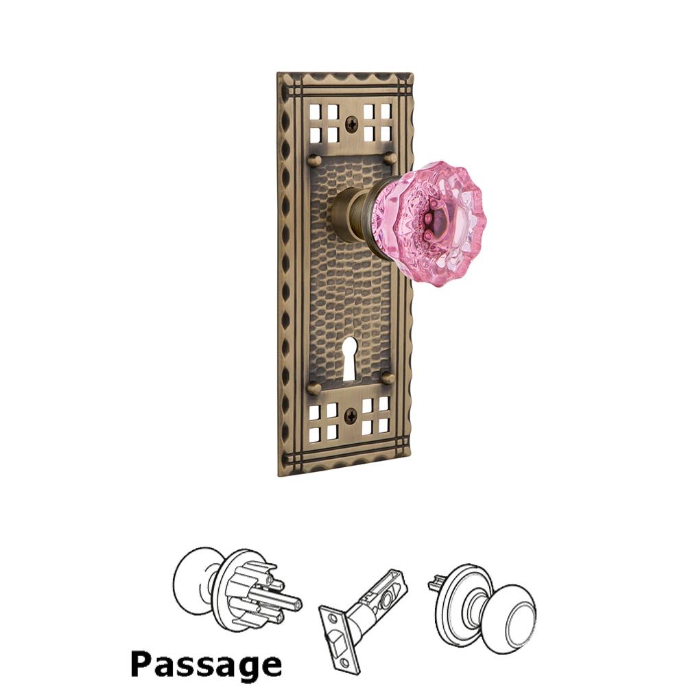 Nostalgic Warehouse Nostalgic Warehouse - Passage - Craftsman Plate with Keyhole Crystal Pink Glass Door Knob in Antique Brass