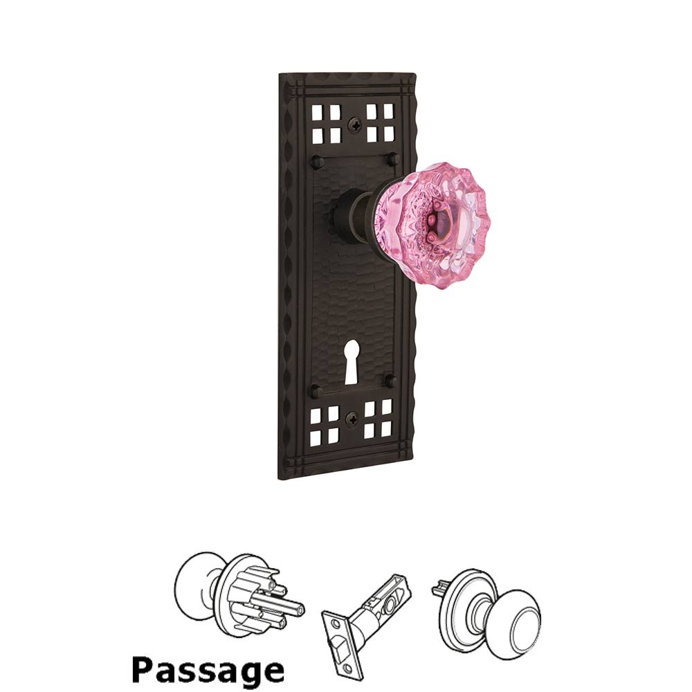 Nostalgic Warehouse Nostalgic Warehouse - Passage - Craftsman Plate with Keyhole Crystal Pink Glass Door Knob in Oil-Rubbed Bronze