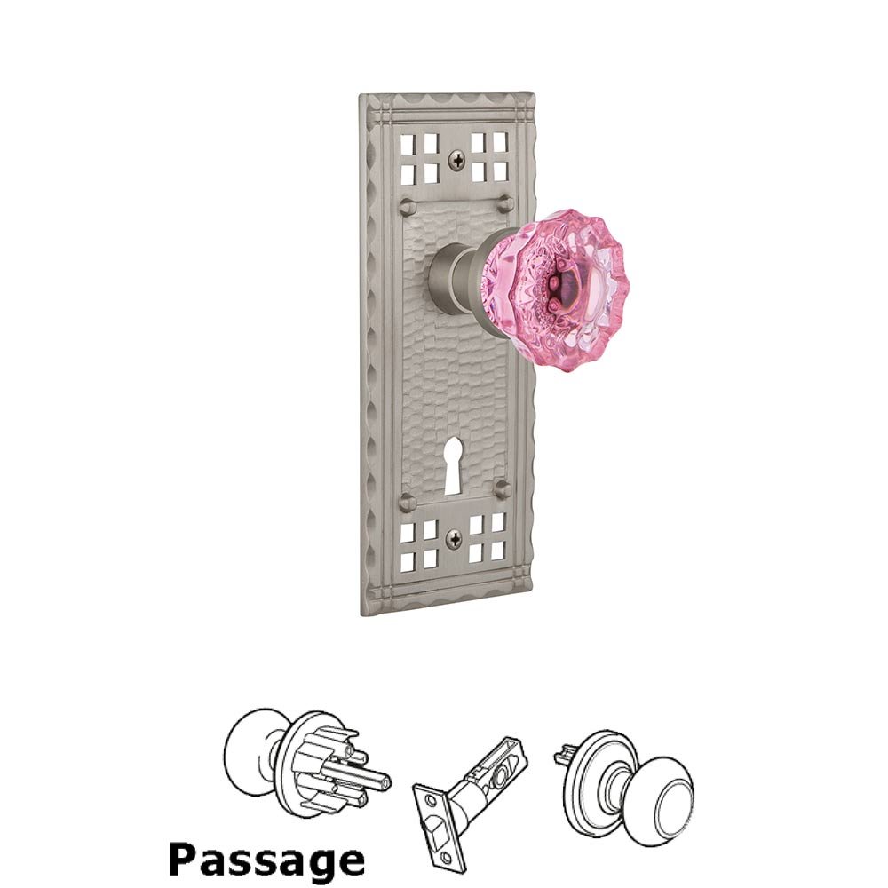 Nostalgic Warehouse Nostalgic Warehouse - Passage - Craftsman Plate with Keyhole Crystal Pink Glass Door Knob in Satin Nickel