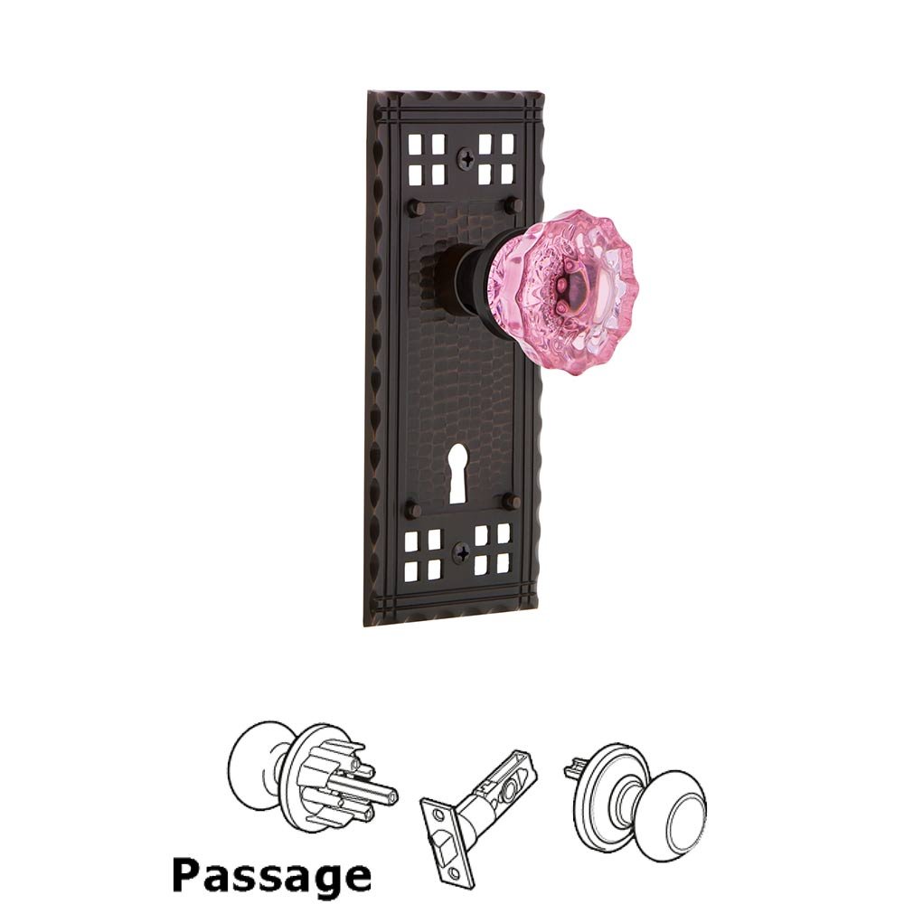 Nostalgic Warehouse Nostalgic Warehouse - Passage - Craftsman Plate with Keyhole Crystal Pink Glass Door Knob in Timeless Bronze