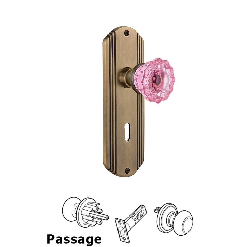 Nostalgic Warehouse Nostalgic Warehouse - Passage - Deco Plate with Keyhole Crystal Pink Glass Door Knob in Antique Brass