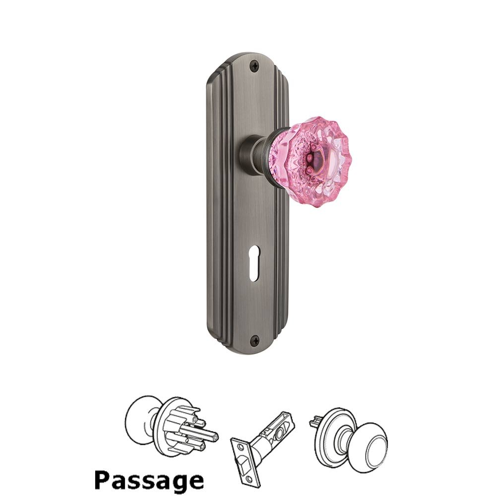 Nostalgic Warehouse Nostalgic Warehouse - Passage - Deco Plate with Keyhole Crystal Pink Glass Door Knob in Antique Pewter