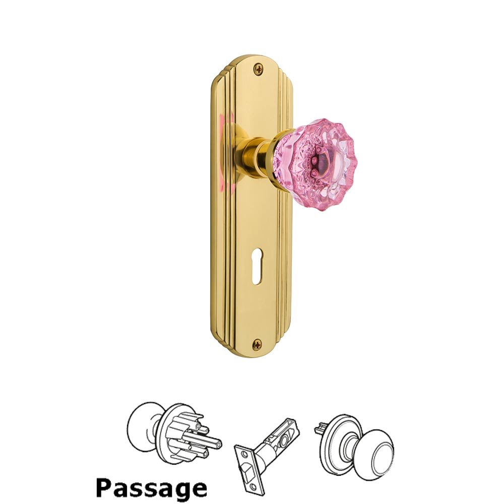 Nostalgic Warehouse Nostalgic Warehouse - Passage - Deco Plate with Keyhole Crystal Pink Glass Door Knob in Polished Brass