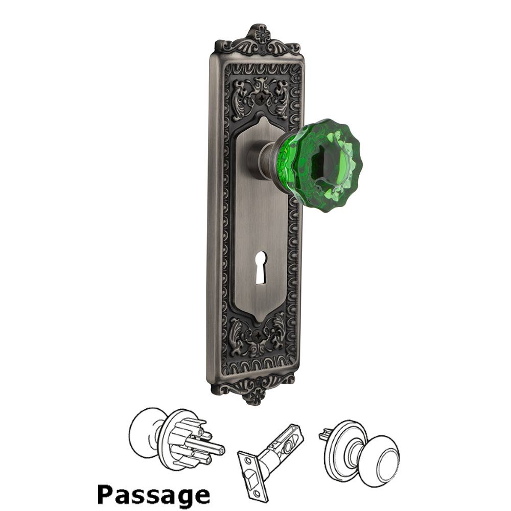 Nostalgic Warehouse Nostalgic Warehouse - Passage - Egg & Dart Plate with Keyhole Crystal Emerald Glass Door Knob in Antique Pewter