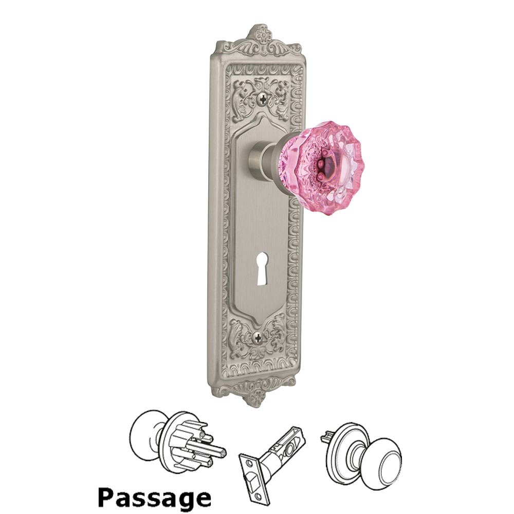 Nostalgic Warehouse Nostalgic Warehouse - Passage - Egg & Dart Plate with Keyhole Crystal Pink Glass Door Knob in Satin Nickel