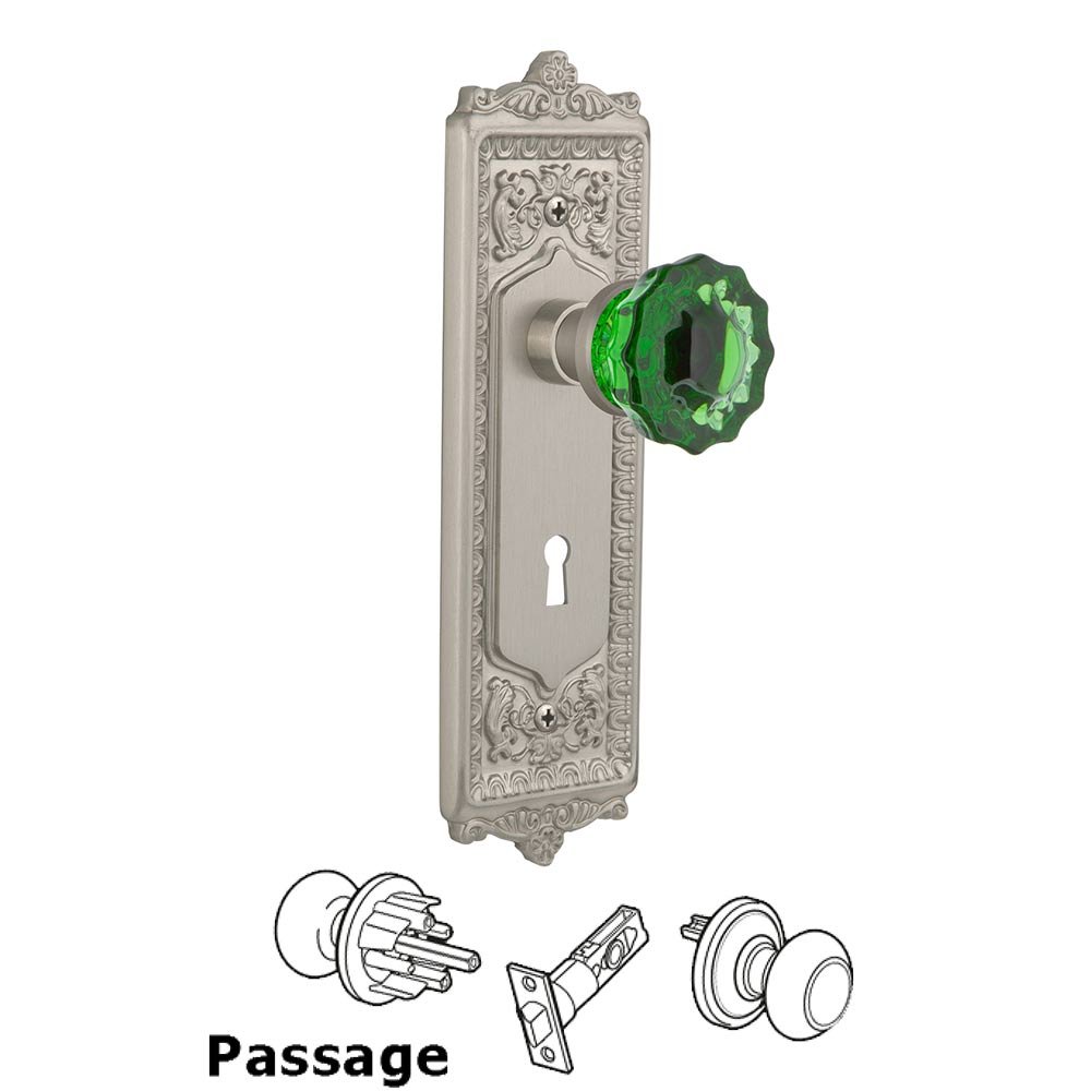 Nostalgic Warehouse Nostalgic Warehouse - Passage - Egg & Dart Plate with Keyhole Crystal Emerald Glass Door Knob in Satin Nickel