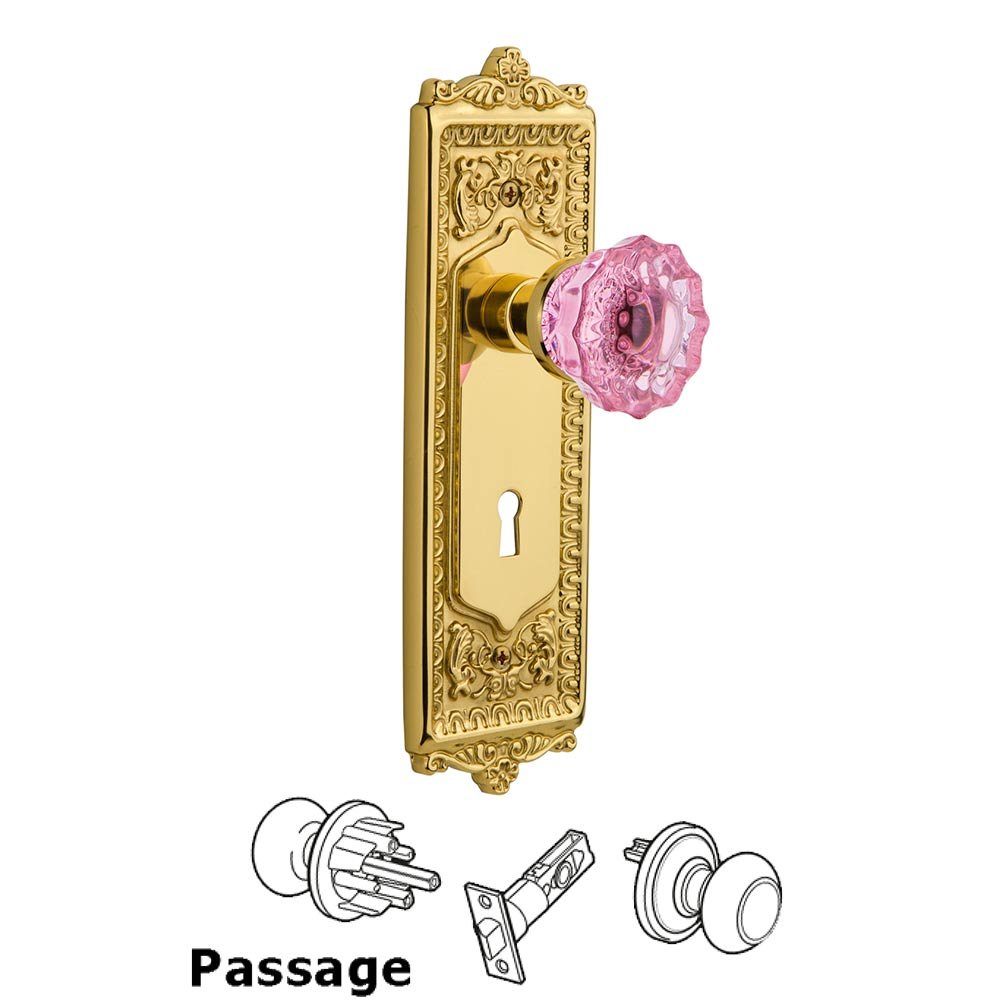 Nostalgic Warehouse Nostalgic Warehouse - Passage - Egg & Dart Plate with Keyhole Crystal Pink Glass Door Knob in Unlaquered Brass