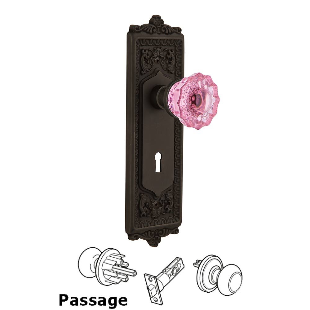 Nostalgic Warehouse Nostalgic Warehouse - Passage - Egg & Dart Plate with Keyhole Crystal Pink Glass Door Knob in Oil-Rubbed Bronze