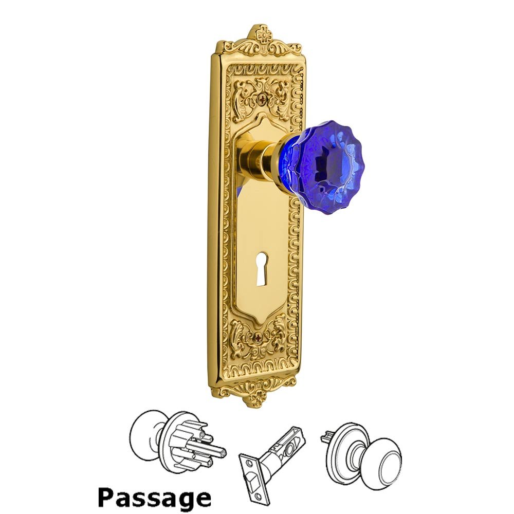 Nostalgic Warehouse Nostalgic Warehouse - Passage - Egg & Dart Plate with Keyhole Crystal Cobalt Glass Door Knob in Polished Brass