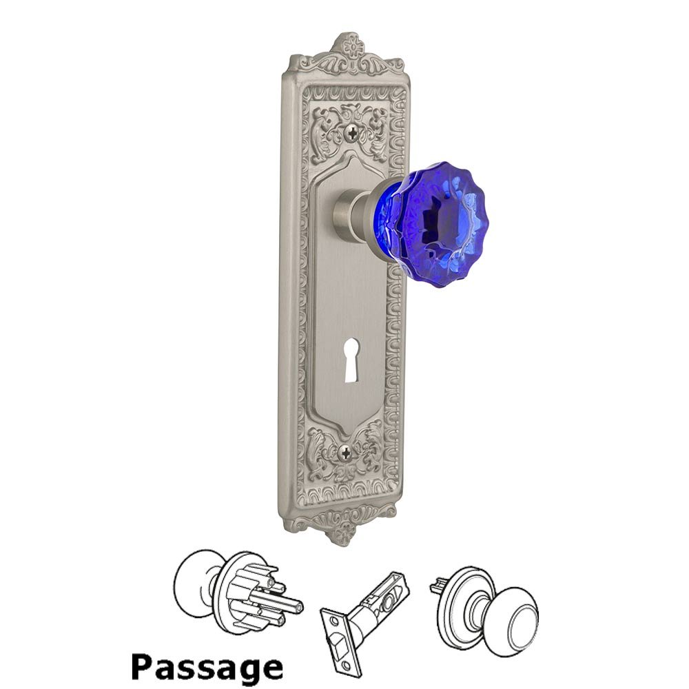 Nostalgic Warehouse Nostalgic Warehouse - Passage - Egg & Dart Plate with Keyhole Crystal Cobalt Glass Door Knob in Satin Nickel