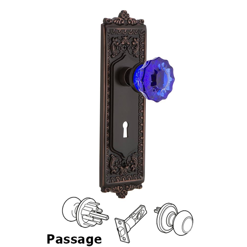 Nostalgic Warehouse Nostalgic Warehouse - Passage - Egg & Dart Plate with Keyhole Crystal Cobalt Glass Door Knob in Timeless Bronze