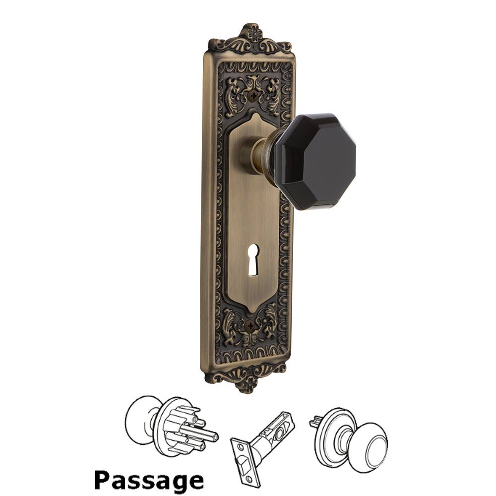 Nostalgic Warehouse Nostalgic Warehouse - Passage - Egg & Dart Plate with Keyhole Waldorf Black Door Knob in Antique Brass