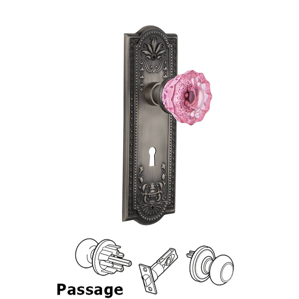 Nostalgic Warehouse Nostalgic Warehouse - Passage - Meadows Plate with Keyhole Crystal Pink Glass Door Knob in Antique Pewter