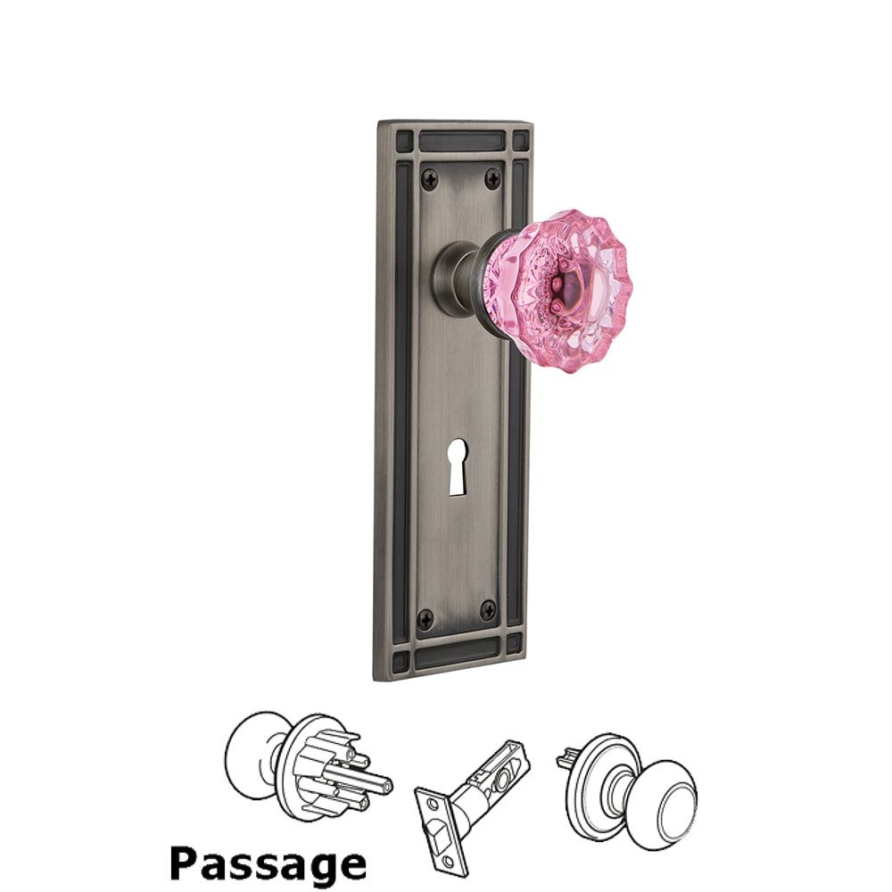 Nostalgic Warehouse Nostalgic Warehouse - Passage - Mission Plate with Keyhole Crystal Pink Glass Door Knob in Antique Pewter