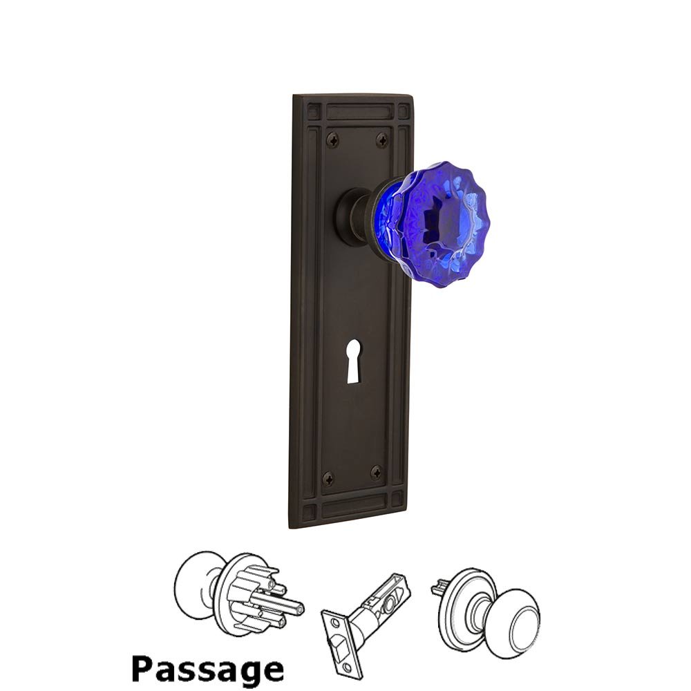 Nostalgic Warehouse Nostalgic Warehouse - Passage - Mission Plate with Keyhole Crystal Cobalt Glass Door Knob in Oil-Rubbed Bronze