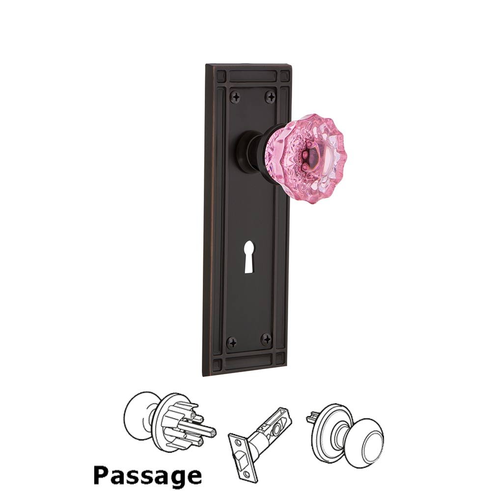 Nostalgic Warehouse Nostalgic Warehouse - Passage - Mission Plate with Keyhole Crystal Pink Glass Door Knob in Timeless Bronze