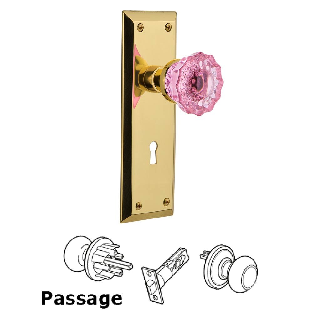Nostalgic Warehouse Nostalgic Warehouse - Passage - New York Plate with Keyhole Crystal Pink Glass Door Knob in Polished Brass