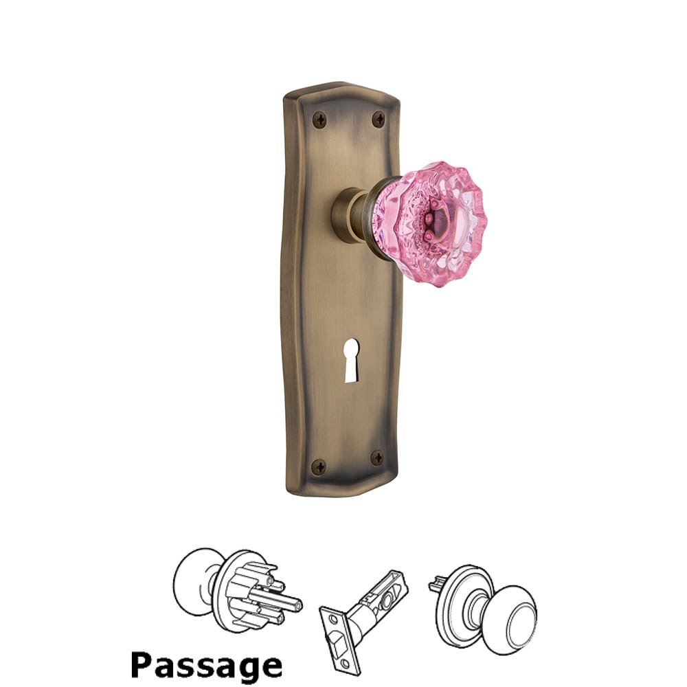 Nostalgic Warehouse Nostalgic Warehouse - Passage - Prairie Plate with Keyhole Crystal Pink Glass Door Knob in Antique Brass