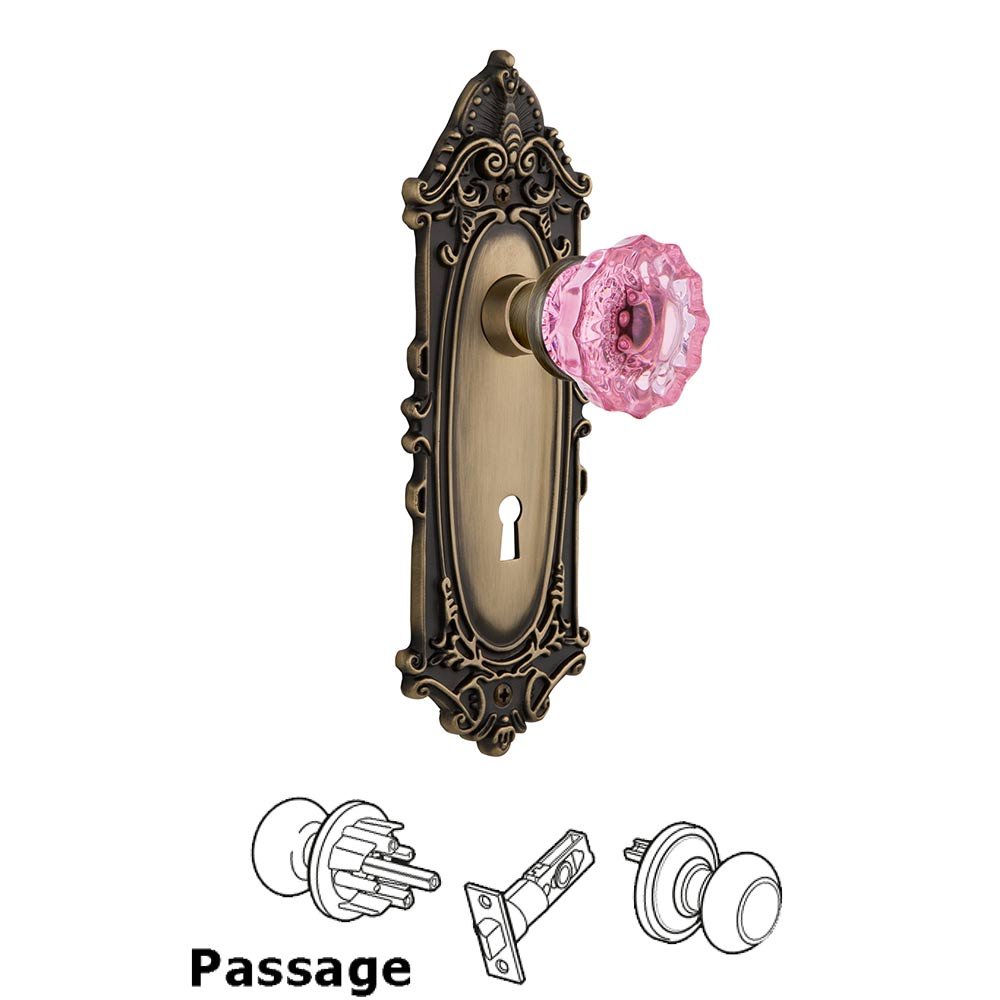 Nostalgic Warehouse Nostalgic Warehouse - Passage - Victorian Plate with Keyhole Crystal Pink Glass Door Knob in Antique Brass