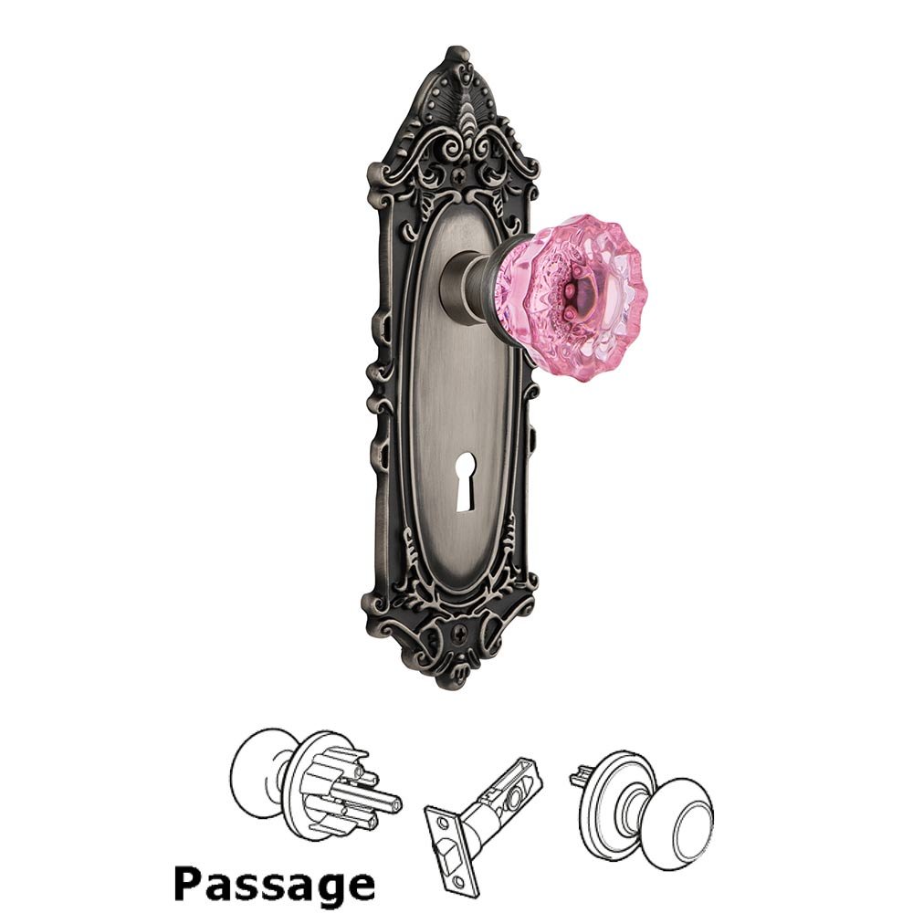 Nostalgic Warehouse Nostalgic Warehouse - Passage - Victorian Plate with Keyhole Crystal Pink Glass Door Knob in Antique Pewter