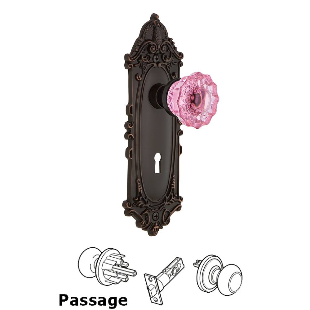Nostalgic Warehouse Nostalgic Warehouse - Passage - Victorian Plate with Keyhole Crystal Pink Glass Door Knob in Timeless Bronze