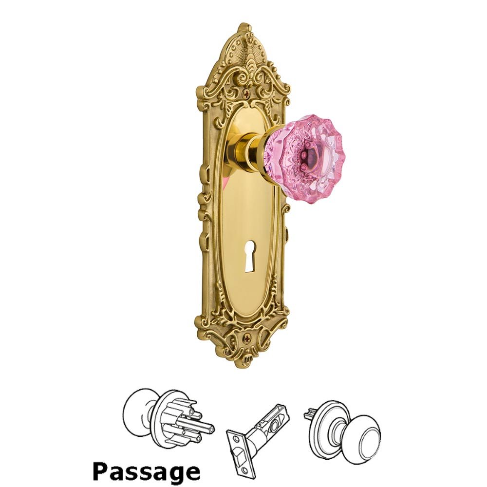 Nostalgic Warehouse Nostalgic Warehouse - Passage - Victorian Plate with Keyhole Crystal Pink Glass Door Knob in Unlaquered Brass