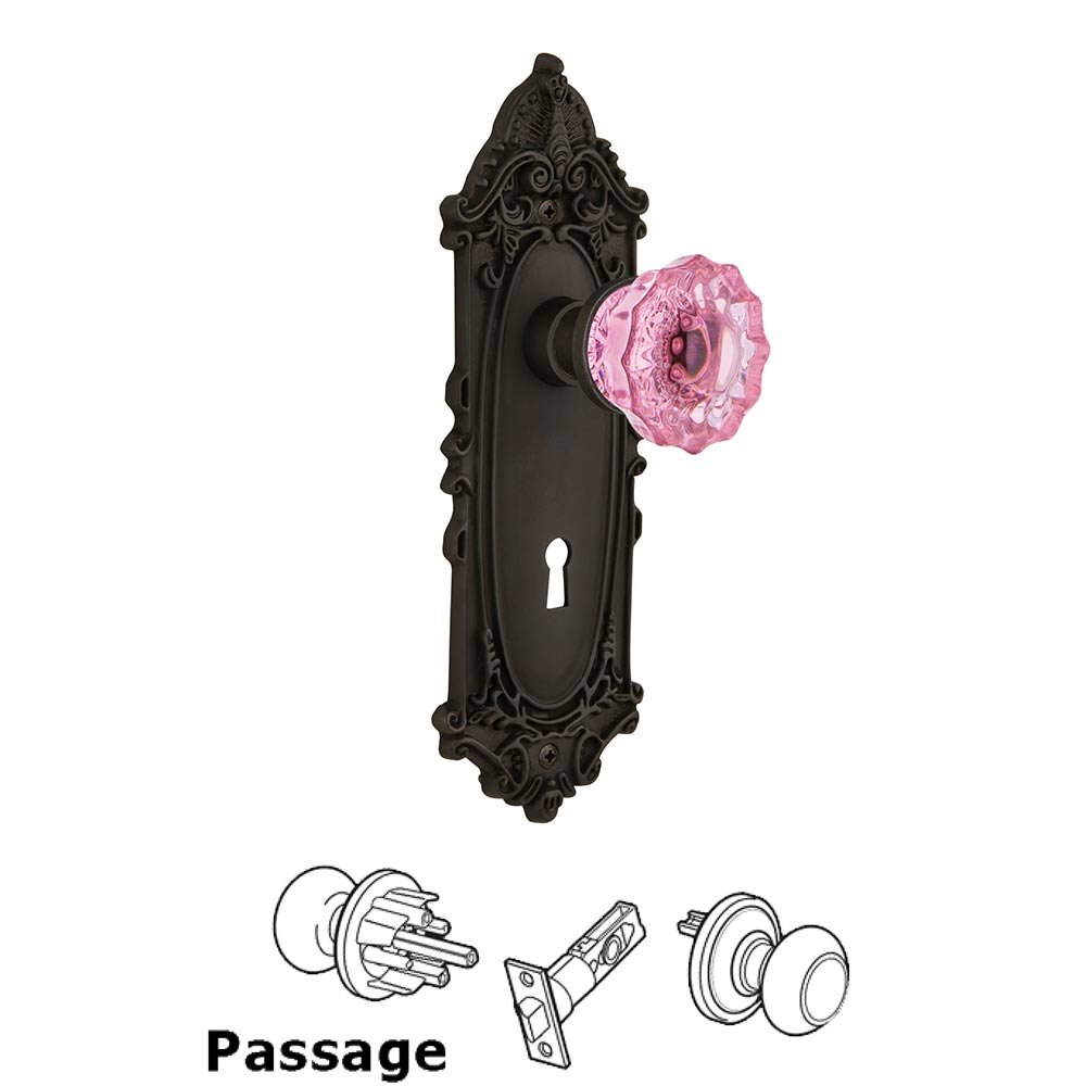 Nostalgic Warehouse Nostalgic Warehouse - Passage - Victorian Plate with Keyhole Crystal Pink Glass Door Knob in Oil-Rubbed Bronze