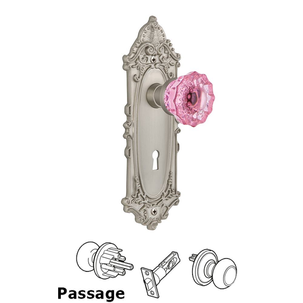 Nostalgic Warehouse Nostalgic Warehouse - Passage - Victorian Plate with Keyhole Crystal Pink Glass Door Knob in Satin Nickel
