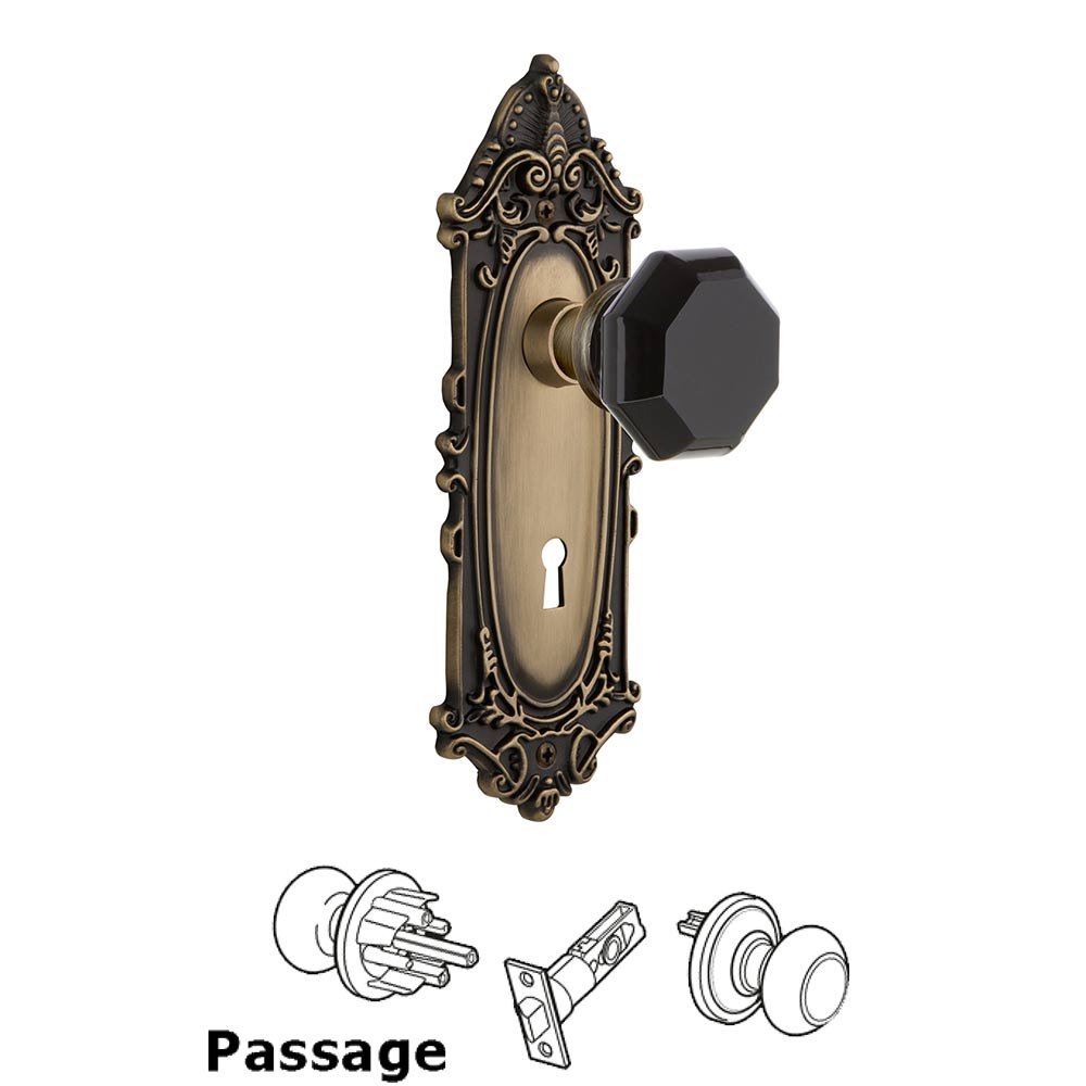 Nostalgic Warehouse Nostalgic Warehouse - Passage - Victorian Plate with Keyhole Waldorf Black Door Knob in Antique Brass