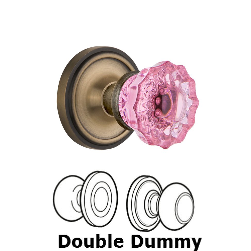 Nostalgic Warehouse Double Dummy Classic Rose Crystal Pink Glass Door Knob in Antique Brass