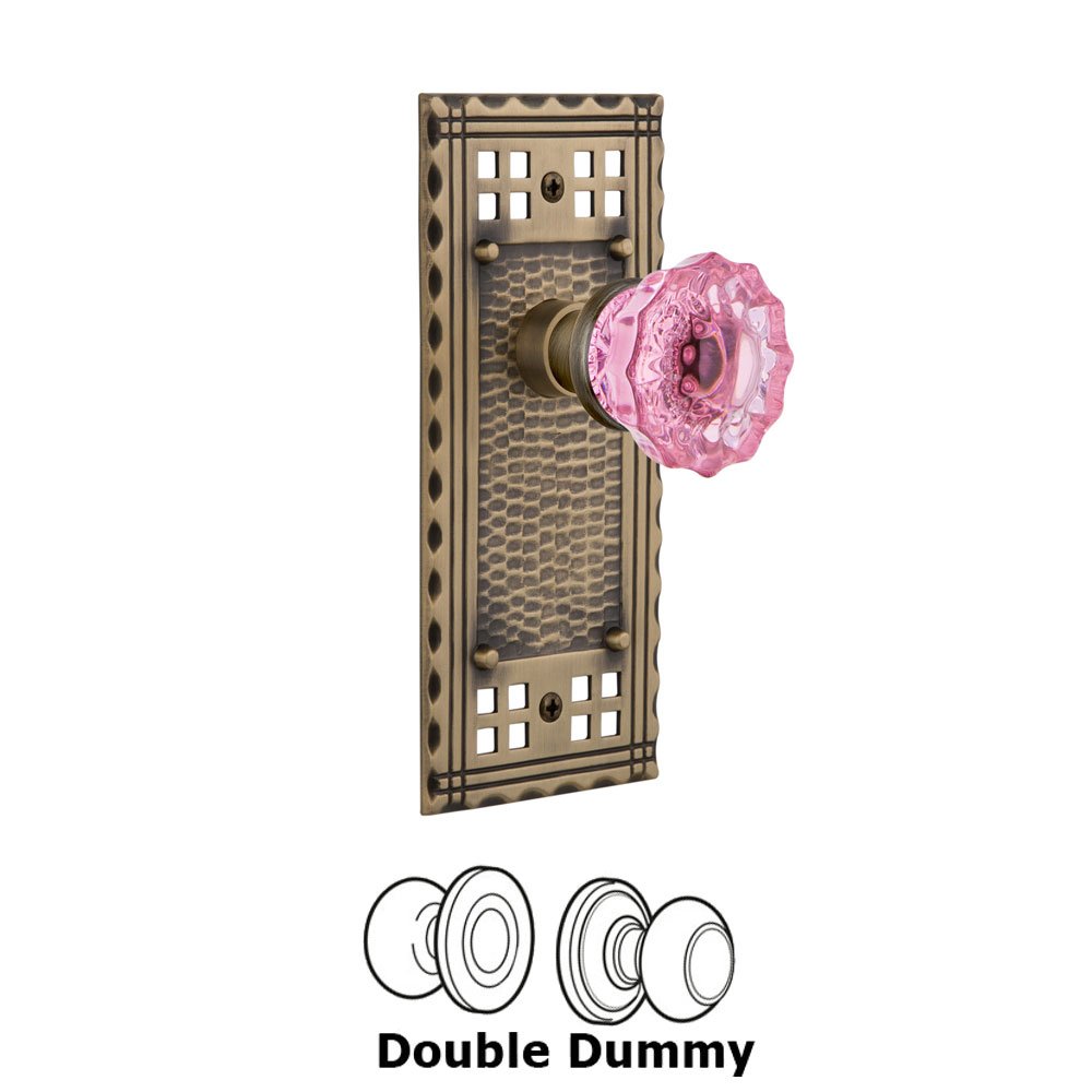 Nostalgic Warehouse Nostalgic Warehouse - Double Dummy - Craftsman Plate Crystal Pink Glass Door Knob in Antique Brass