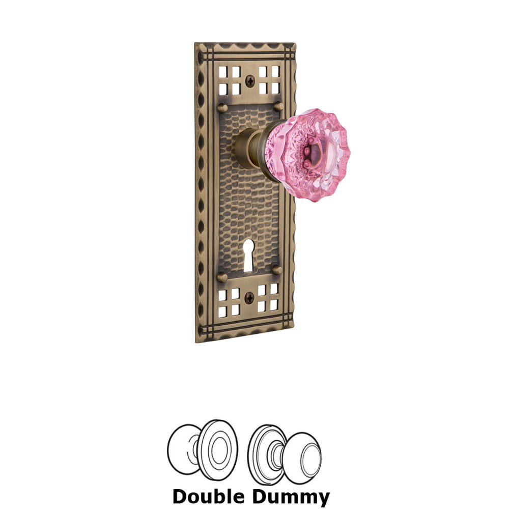 Nostalgic Warehouse Nostalgic Warehouse - Double Dummy - Craftsman Plate with Keyhole Crystal Pink Glass Door Knob in Antique Brass