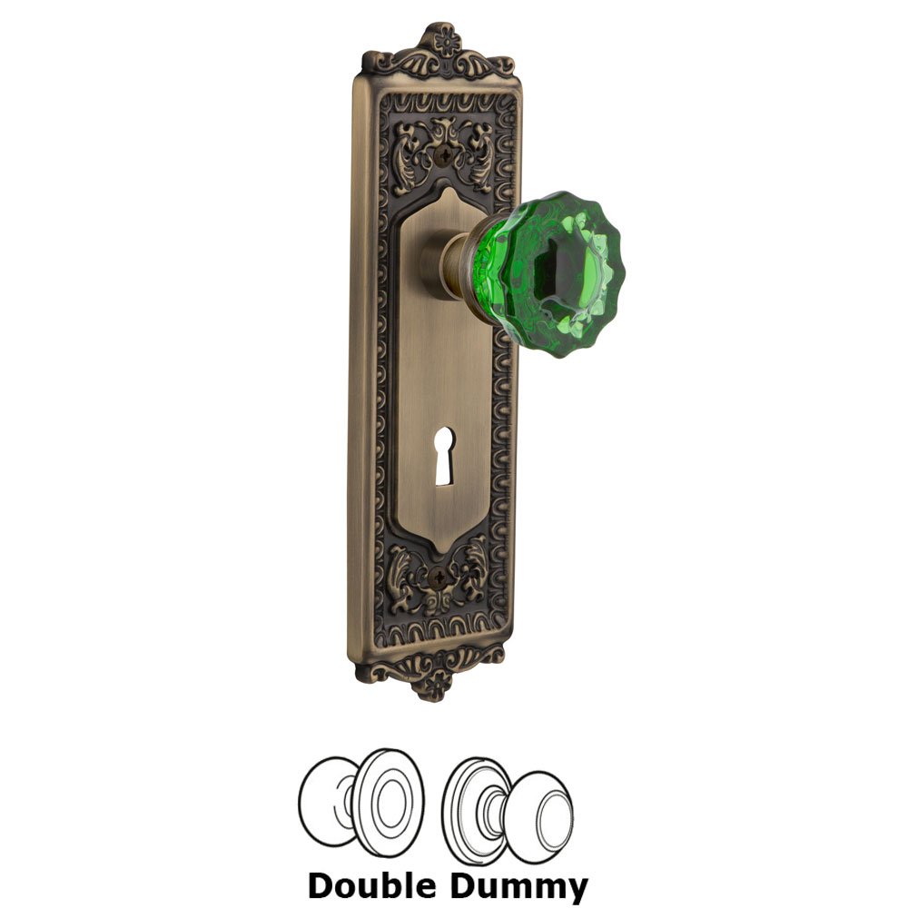 Nostalgic Warehouse Nostalgic Warehouse - Double Dummy - Egg & Dart Plate with Keyhole Crystal Emerald Glass Door Knob in Antique Brass