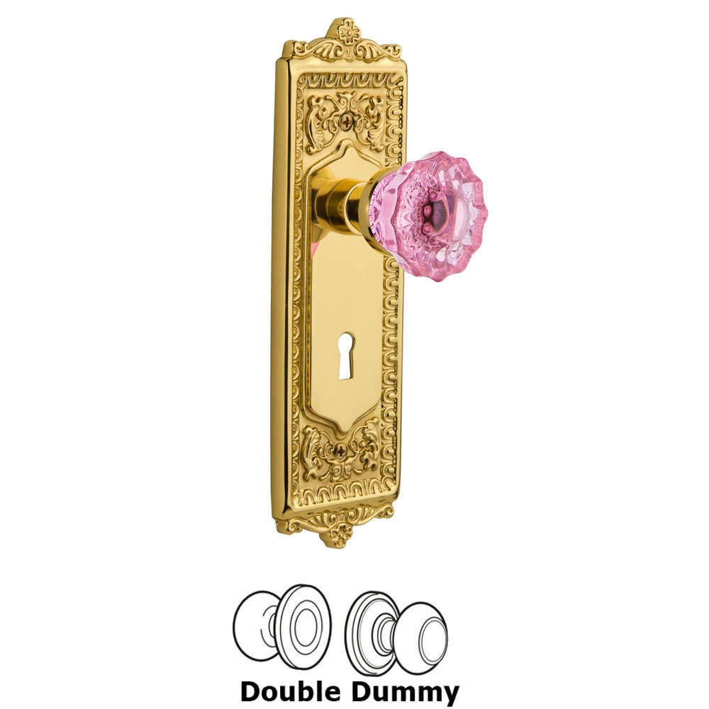 Nostalgic Warehouse Nostalgic Warehouse - Double Dummy - Egg & Dart Plate with Keyhole Crystal Pink Glass Door Knob in Polished Brass