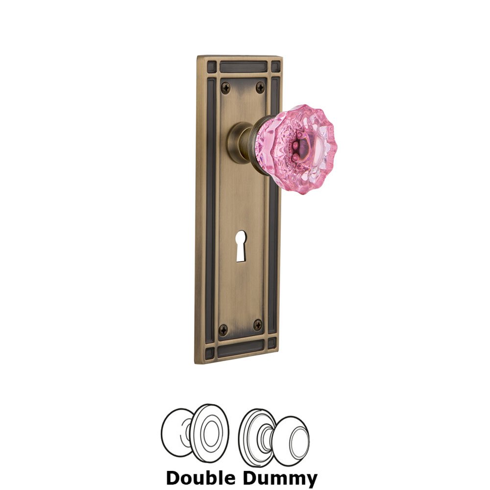 Nostalgic Warehouse Nostalgic Warehouse - Double Dummy - Mission Plate with Keyhole Crystal Pink Glass Door Knob in Antique Brass