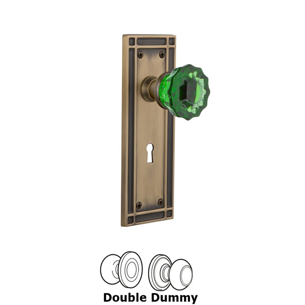 Nostalgic Warehouse Nostalgic Warehouse - Double Dummy - Mission Plate with Keyhole Crystal Emerald Glass Door Knob in Antique Brass
