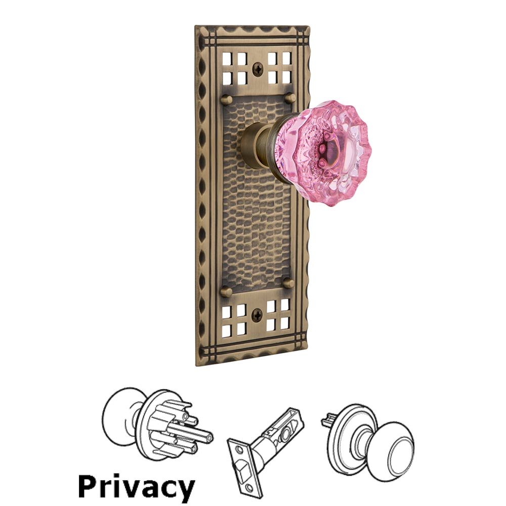 Nostalgic Warehouse Privacy Craftsman Plate Crystal Pink Glass Door Knob in Antique Brass