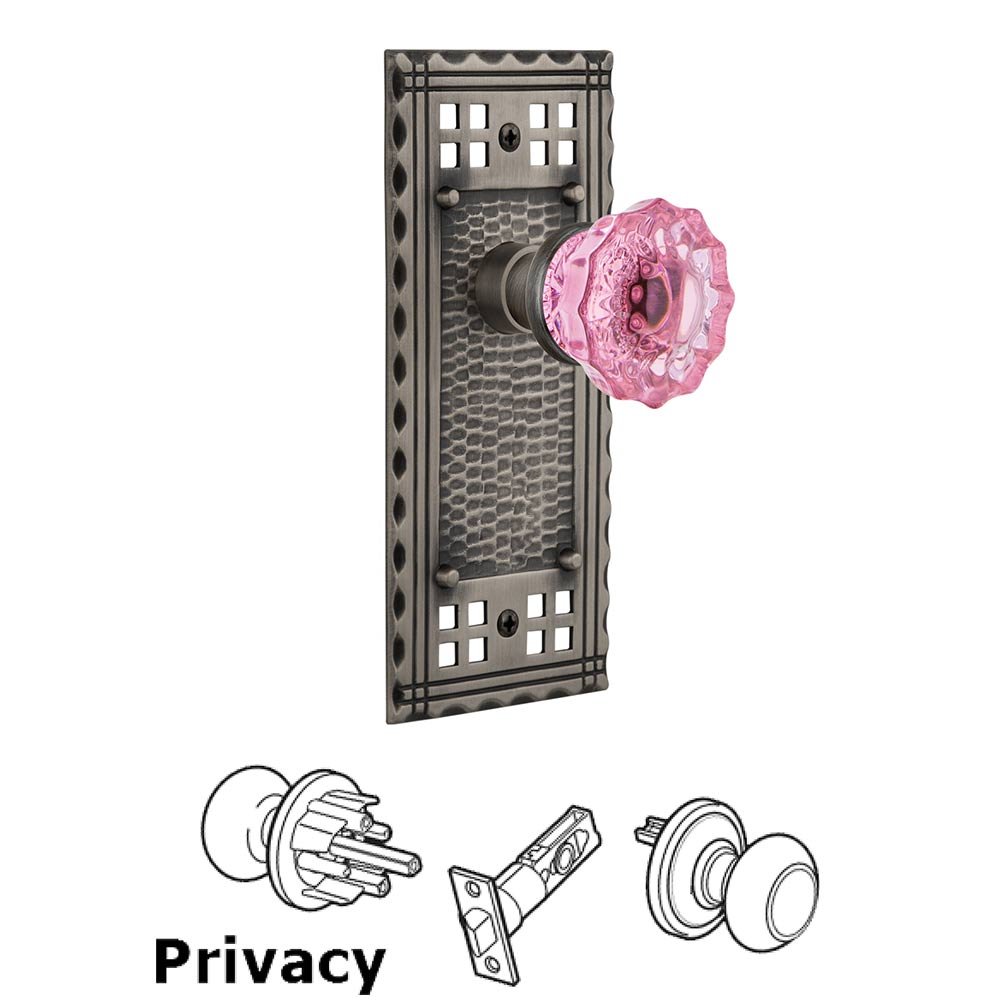 Nostalgic Warehouse Privacy Craftsman Plate Crystal Pink Glass Door Knob in Antique Pewter