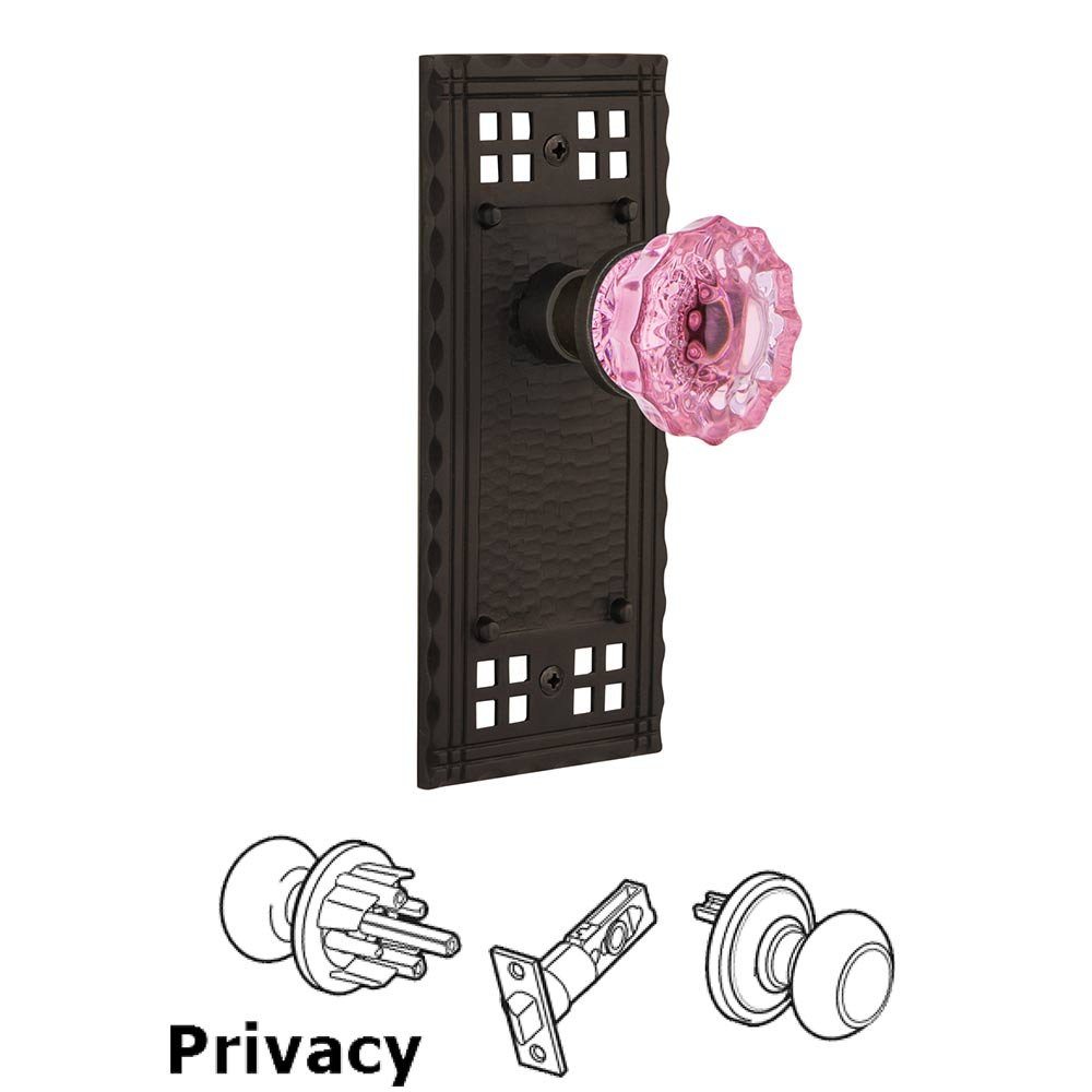 Nostalgic Warehouse Privacy Craftsman Plate Crystal Pink Glass Door Knob in Oil Rubbed Bronze