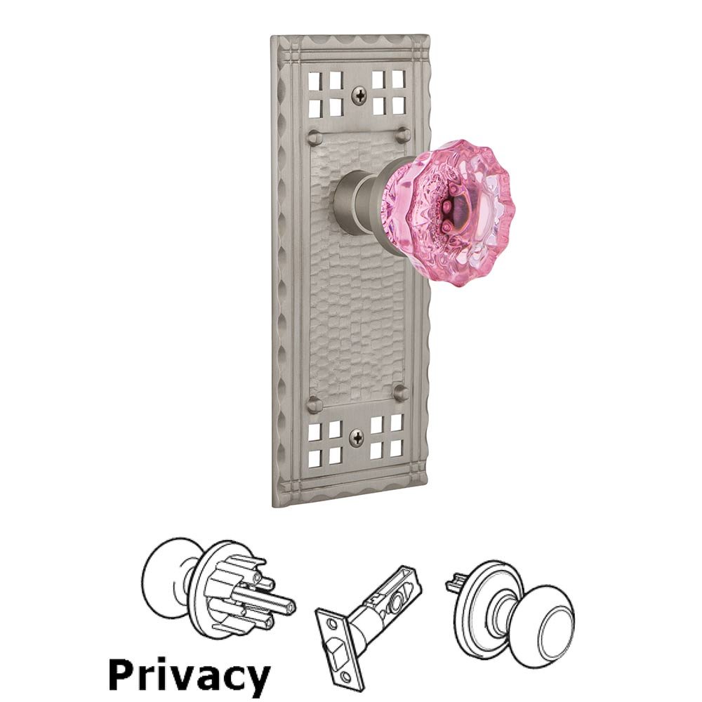 Nostalgic Warehouse Privacy Craftsman Plate Crystal Pink Glass Door Knob in Satin Nickel