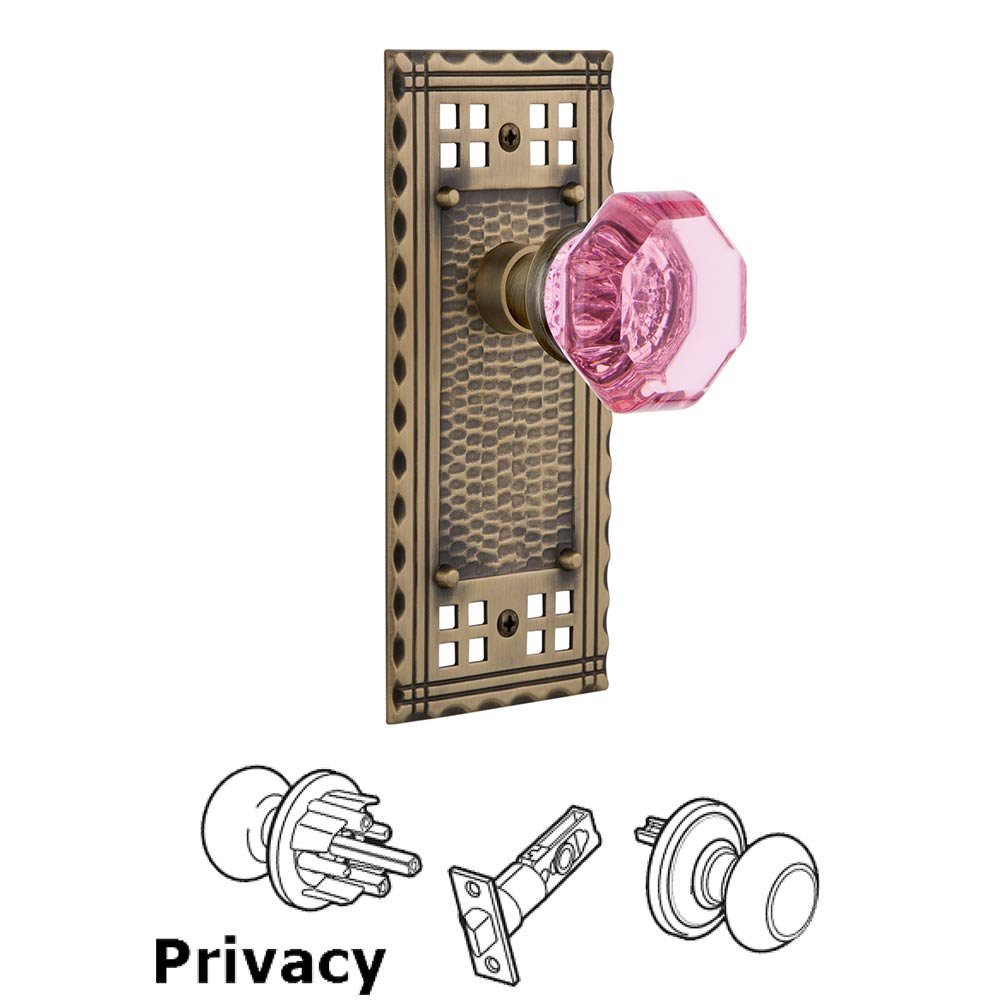 Nostalgic Warehouse Privacy Craftsman Plate Waldorf Pink Door Knob in Antique Brass