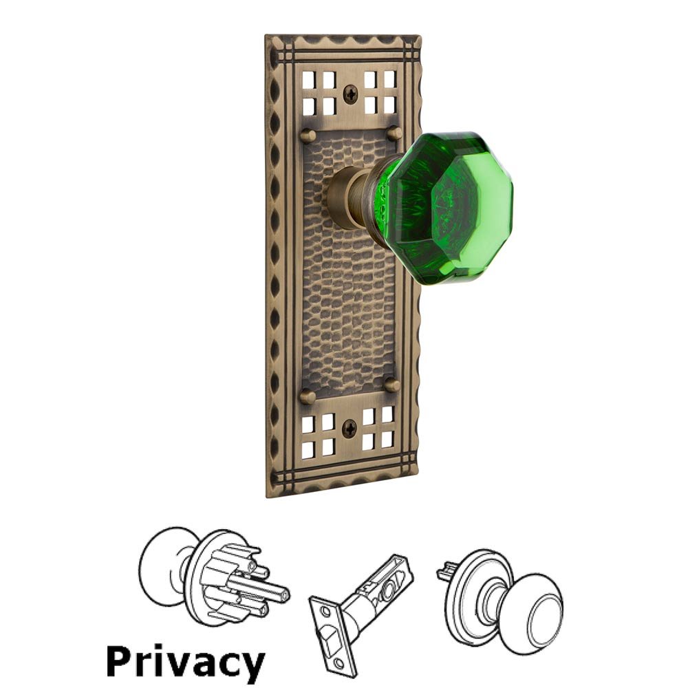 Nostalgic Warehouse Privacy Craftsman Plate Waldorf Emerald Door Knob in Antique Brass